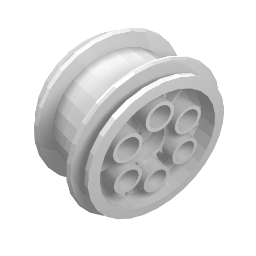 White LEGO Wheel 20 x 30 Balloon Medium, part 6582, with ribbed sides and six pin holes.