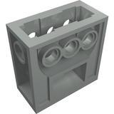 Grey LEGO Technic Gearbox 2x4x3 1/3, featuring multiple pin/axle holes and internal structure from an angled view.