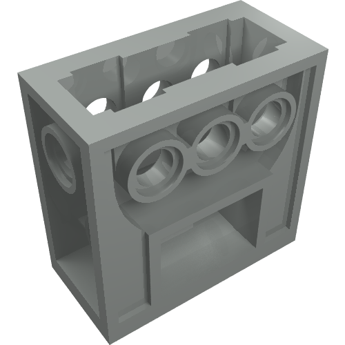 Grey LEGO Technic Gearbox 2x4x3 1/3, featuring multiple pin/axle holes and internal structure from an angled view.