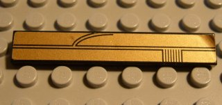 Close-up of LEGO 6636pb004, a 1x6 gold tile with a black panel pattern, on a grey studded baseplate.