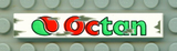 White LEGO 1x6 tile with red and green Octan gas station logo, showing a stylized O and 'ctan' with grey arrows.