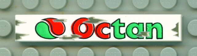 White LEGO 1x6 tile with red and green Octan gas station logo, showing a stylized O and 'ctan' with grey arrows.