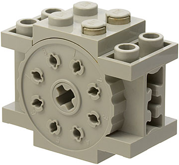Light gray LEGO Electric, Fiber Optics Element (6637c01) with studs, side holes, and a numbered rotating dial.