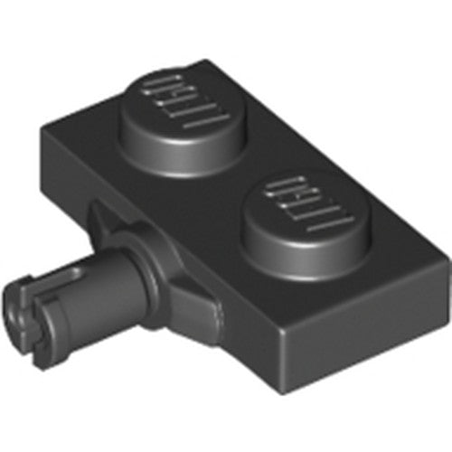 Black LEGO 66897 Modified 1x2 Plate with Wheel Holder, Reinforced Underside. Shows two studs and side axle.