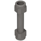 A grey LEGO Minifigure, Weapon Hilt Smooth Extended (part 66909) with a long cylindrical body and hexagonal details on both ends.