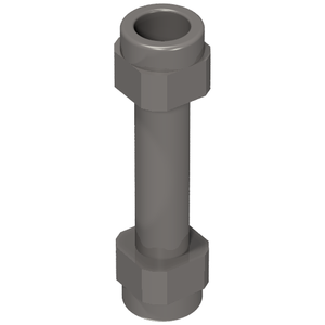 A grey LEGO Minifigure, Weapon Hilt Smooth Extended (part 66909) with a long cylindrical body and hexagonal details on both ends.