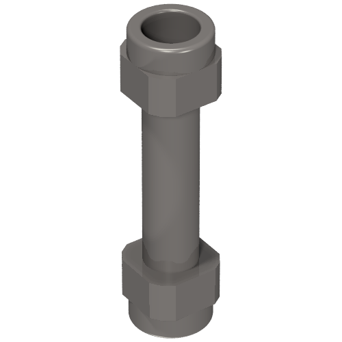 A grey LEGO Minifigure, Weapon Hilt Smooth Extended (part 66909) with a long cylindrical body and hexagonal details on both ends.