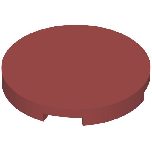 LEGO 67095 Tile, Round 3 x 3, in reddish-brown. The flat circular piece has two cutouts on its bottom edge.