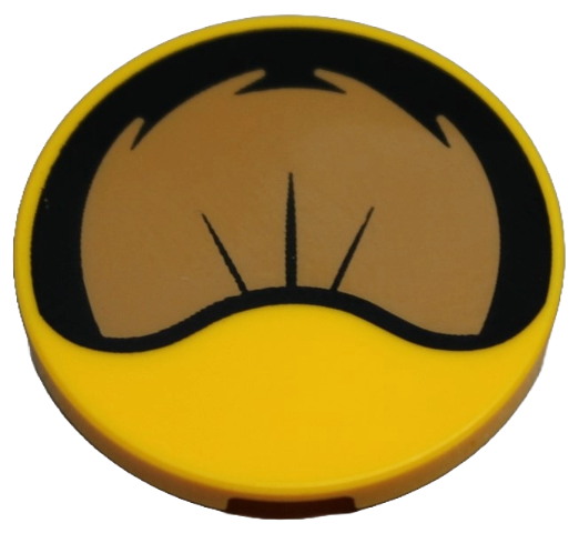 Round yellow LEGO 3x3 tile with a black and medium nougat inner ear pattern, part number 67095pb073.