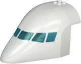 White LEGO aircraft fuselage front with curved top, four studs, and six trans-light blue window panes.