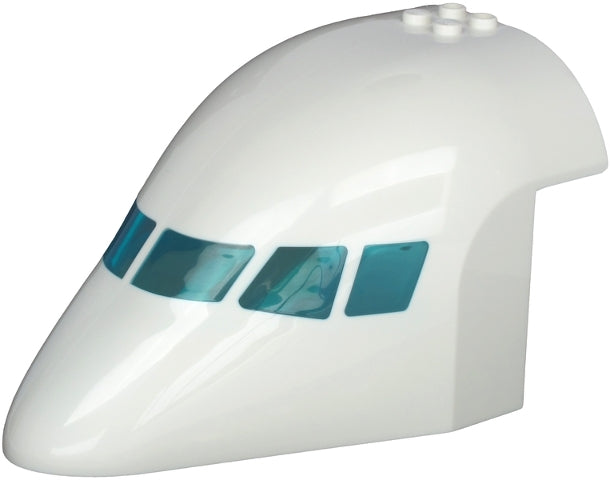 White LEGO aircraft fuselage front with curved top, four studs, and six trans-light blue window panes.