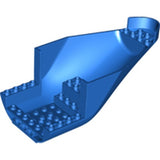 A blue LEGO aircraft fuselage aft section, curved bottom, 8x16, with stud connections and two holes.