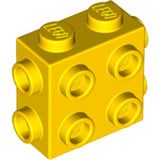 Yellow LEGO 1x2x1 2/3 modified brick with studs on top, one side, and two ends.