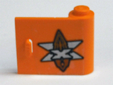 Orange LEGO Door 1x3x2 Right brick with a silver and black Island Xtreme Stunts logo pattern featuring a star and 'X' design.