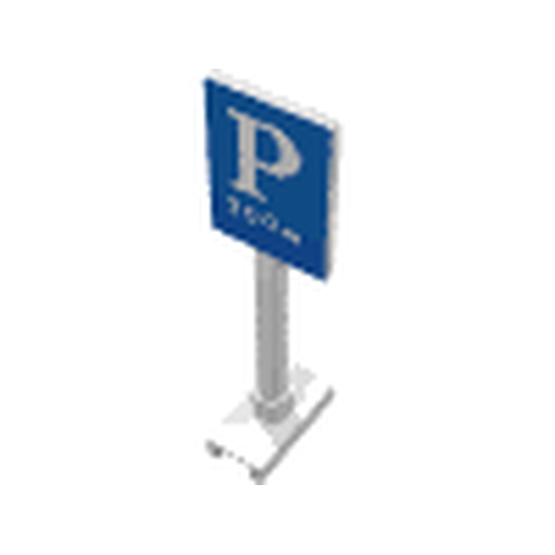LEGO 675p01 blue square road sign on tall grey post with white 'P' for parking and '300m' text.