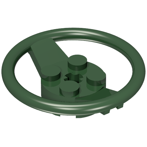 A dark green LEGO steering wheel with a 2x2 center and an axle hole.