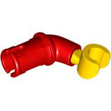 Red LEGO arm part 67906c03 with Technic pin and yellow hand, angled view.