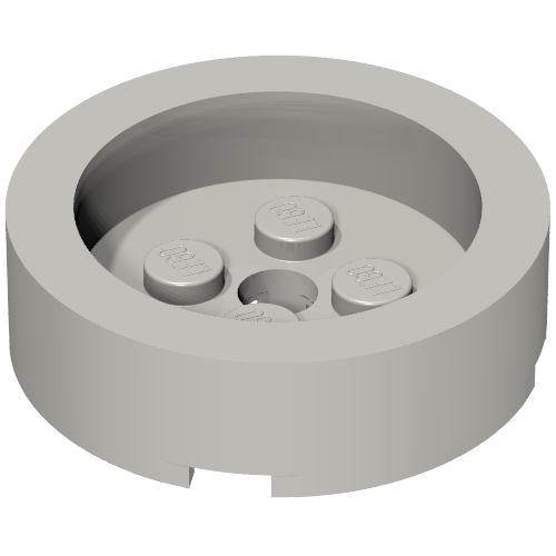Light gray LEGO 68325 round 4x4 brick with recessed center, a central hole, and three top studs.