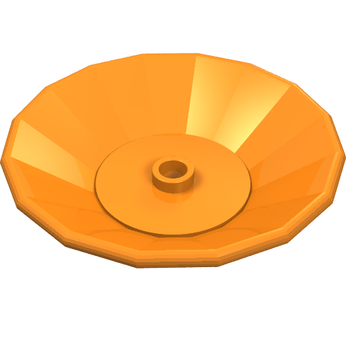 Orange LEGO 6942 Dish 5 x 5, an octagonal plate with a central stud and faceted, conical sides.