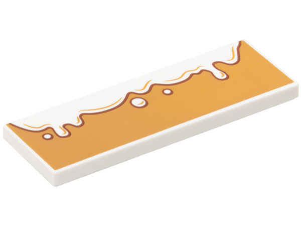 White LEGO 2x6 tile with dripping white icing pattern outlined in brown on a medium nougat background.
