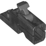 Dark grey LEGO 1x2 projectile launcher, also known as mini blaster or tile shooter, with a light grey trigger.