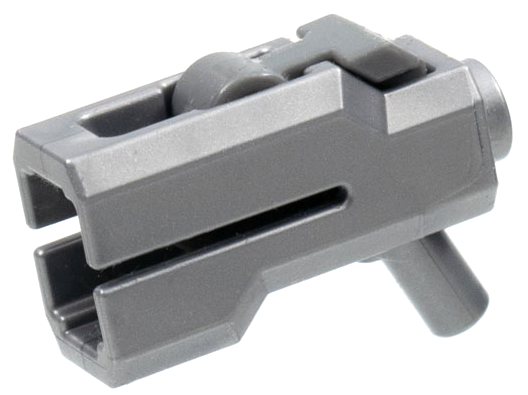 Dark bluish gray LEGO mini blaster/shooter weapon part with a rolling trigger and a stud on the bottom.