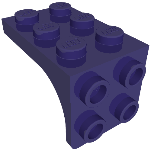 Dark purple LEGO 69906 Bracket 3 x 2 - 2 x 2 with a curved edge, studs on top, and connection holes on the side.