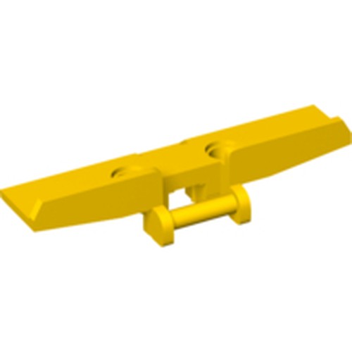 Yellow LEGO Technic extra wide tread link with two pin holes and a connecting bar on the bottom.