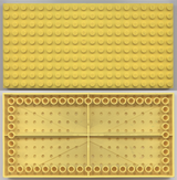 Yellow LEGO 10x20 plate, top with studs, bottom with tubes around edge and '+' cross support.