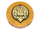 Metallic gold LEGO 2x2 round tile with a black border and a gold Chima Eagle head emblem pattern.