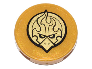 Metallic gold LEGO 2x2 round tile with a black border and a gold Chima Eagle head emblem pattern.