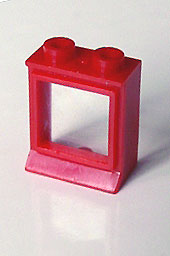Red LEGO 7026bc01 Window 1 x 2 x 2 brick with an extended lip, clear glass insert, and two studs on top.