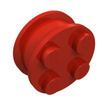 Red LEGO wheel with four studs on one face and grooves on the side, viewed at an angle.