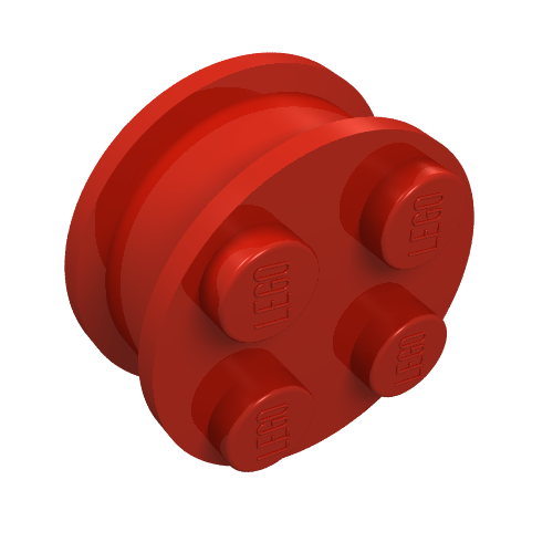 Red LEGO wheel with four studs on one face and grooves on the side, viewed at an angle.