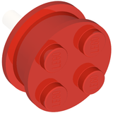 Red LEGO wheel part 7039b with four studs, each embossed 'LEGO', and a white axle cam.