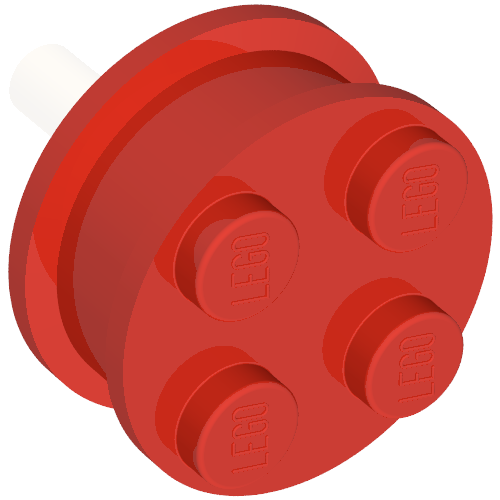 Red LEGO wheel part 7039b with four studs, each embossed 'LEGO', and a white axle cam.
