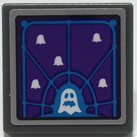 LEGO 2x2 dark purple tile with dark azure grid and white ghost pattern; one large ghost and four small ghosts.
