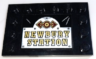 Black LEGO 4x6 tile with studs on edges, featuring a sticker with a dark red and gold train logo above 'NEWBURY STATION' text.
