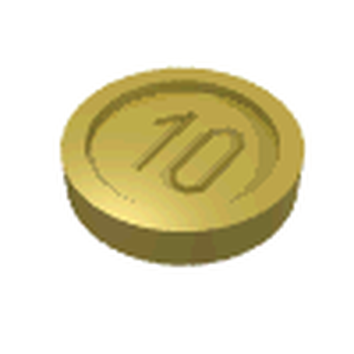 Gold LEGO Minifigure Utensil Coin Type 1 with the number 10 embossed on top.