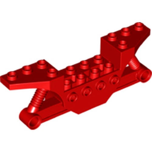 Red LEGO Technic motorcycle/quadricycle frame with studs, pin holes, and integrated spring suspension elements.