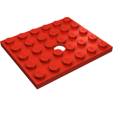 A red LEGO Modified 5x6 Plate with a circular hole in the center, angled view.