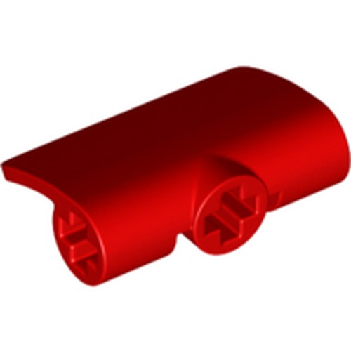 A red LEGO Technic Curved Panel 2 x 3 x 1, featuring a smooth, curved top surface and two Technic pin/axle holes on the underside.