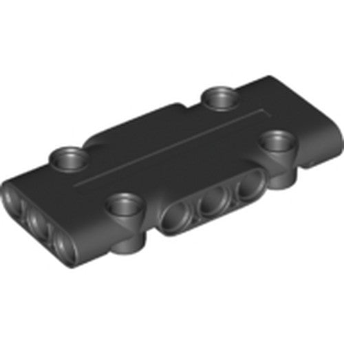Black LEGO Technic Panel Plate 3 x 7 x 1, featuring various pin and axle holes for modular construction.