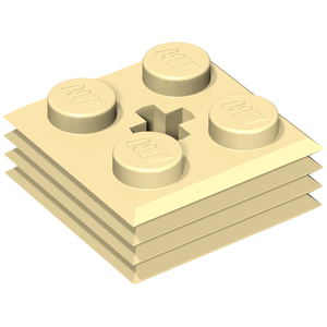 Stack of four tan LEGO 2x2 modified bricks, studs with 'LEGO' text, and central cross-shaped axle hole.