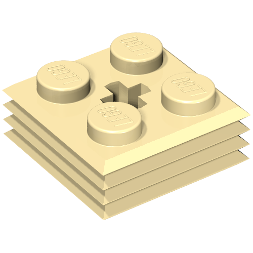 Stack of four tan LEGO 2x2 modified bricks, studs with 'LEGO' text, and central cross-shaped axle hole.