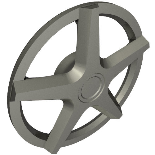 Angled view of a metallic grey LEGO 5-spoke wheel cover, part 72210a, for wheel 72206pb01.