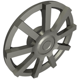 Angled view of a light gray LEGO Wheel Cover 9 Spoke. It has a central hub and nine thick, rectangular spokes.