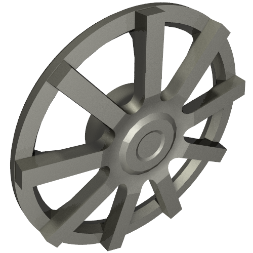 Angled view of a light gray LEGO Wheel Cover 9 Spoke. It has a central hub and nine thick, rectangular spokes.