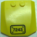 Yellow LEGO 4x4x2/3 triple curved wedge with two studs, featuring a black '7243' number plate pattern.