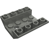 Grey LEGO 72454 Inverted Slope 45 4x4 Double with 2 Holes, viewed from an angle showing top studs and bottom structure.